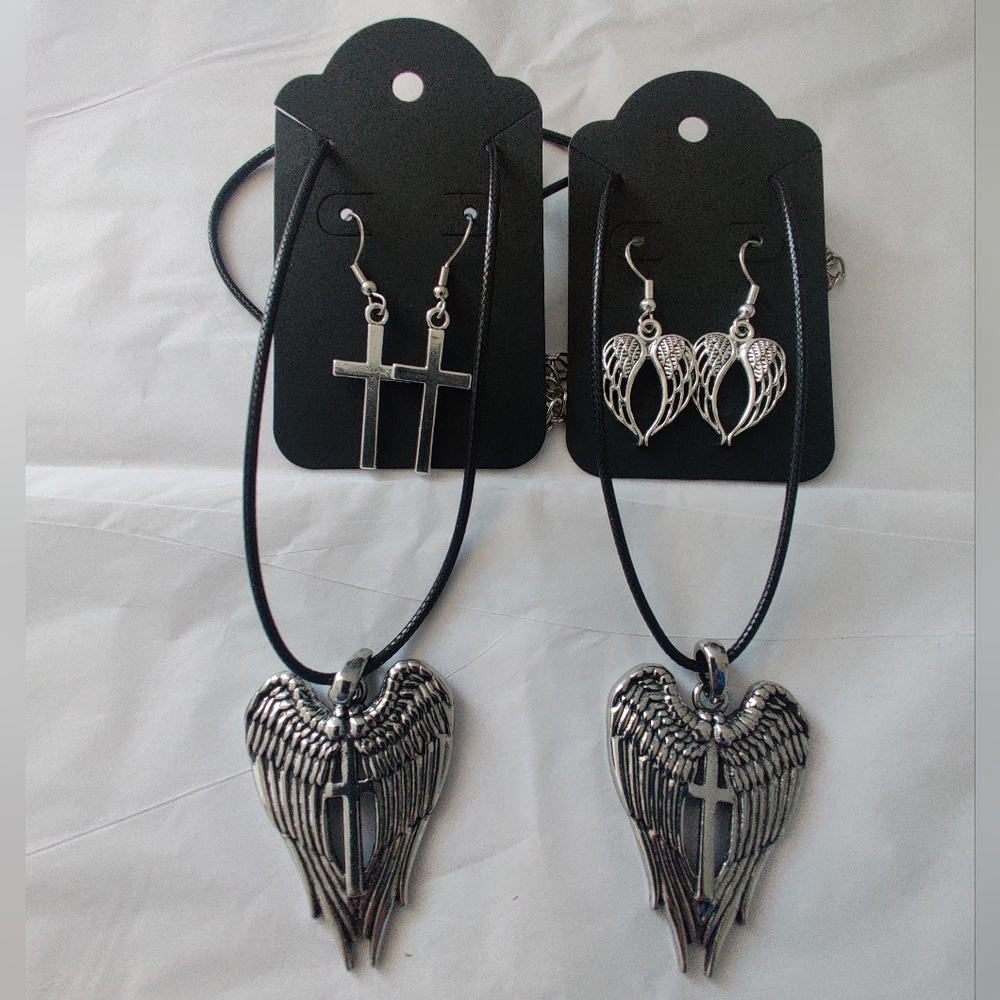 🆕 Handmade Cross and Angel Wings Necklace and Earrings Set